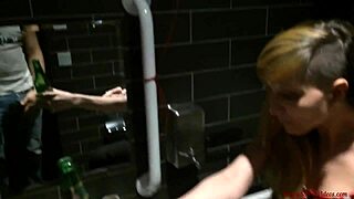 blonde gives deep anal and blowjob in public restaurant toilet
