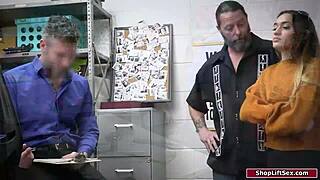 Stepdad and officer dominate young brunette thief in intense office threesome?