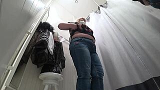 Hidden cam catches fat milf stripping big tits in public fitting room
