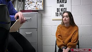 Stepdad and officer dominate young brunette thief in intense office threesome?