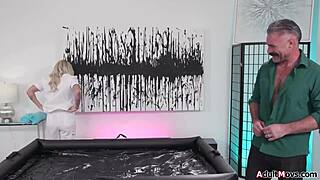 hey masseuse giving nuru oil rub turns into deep face fuck