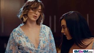 petite brunette babe kisses and licks hardcore with lesbian pornstar partner