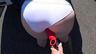 girlfriend straps milf's fat ass outdoors near car in pov