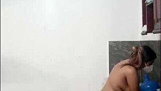 cute sexy latina cooks naked in kitchen using huge dildo toy