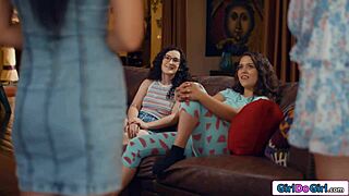 petite brunette babe kisses and licks hardcore with lesbian pornstar partner