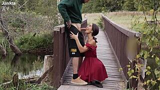 Village girl in miniskirt surrenders wet pussy to big cock guy promising city escape