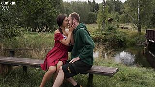 Village girl in miniskirt surrenders wet pussy to big cock guy promising city escape