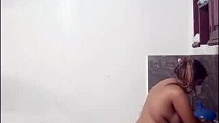 cute sexy latina cooks naked in kitchen using huge dildo toy