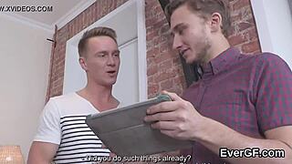 Heartbroken stud watches sexy buddy pound his girlfriend hard for cold cash