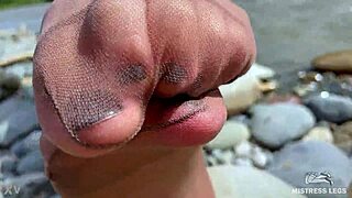 hey wanna stare at my cute tan nylon soles and toes right by the riverside?