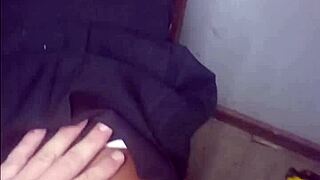 skinny student spreads tight pussy lips for teacher's jerking eyes then grinds on cock