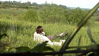 Beautiful brunette milf fingers wet pussy on wild beach nudist outdoor