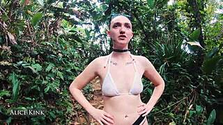 Alice kinks out flashing her skinny african body stripping micro bikini on crowded beach