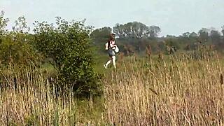 Beautiful brunette milf fingers wet pussy on wild beach nudist outdoor