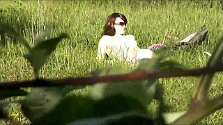 Beautiful brunette milf fingers wet pussy on wild beach nudist outdoor