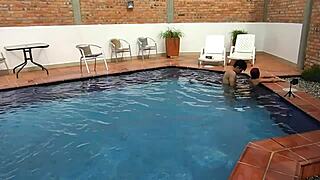 SLUTTY STEPMOM RIMJOBS AND DEEPTHROATS ON VACATION POOL DECK!