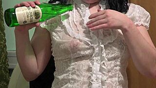 Beautiful brunette lifts skirt for anal masturbation orgasm