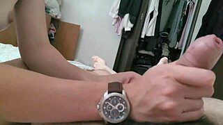 Teen wristjob fetish ends with massive cumshot on watch