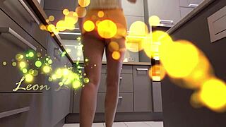 i'm the long-legged blonde in heels and miniskirt flashing ass in kitchen