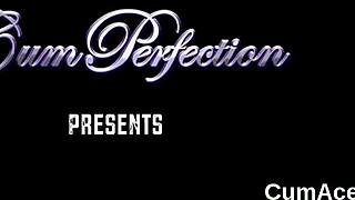 Naughty looker gulps massive cumshot facial load