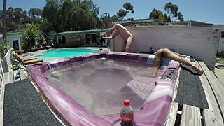 Skinny Slut Deepthroats in Hot Tub Gagging Hard