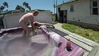 Skinny Slut Deepthroats in Hot Tub Gagging Hard