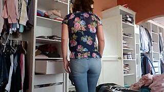 Voyeur films curvy milf dressing flashes hard cock she smiles teasingly