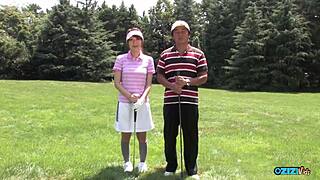 Golf bitch drops to knees sucking two throbbing cocks hard