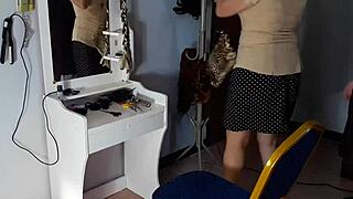 nude barber makes curvy lady undress for kinky haircut