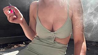 Big nipple milf smokes while flaunting huge natural tits in outdoor slow-motion fetish