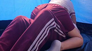 Hot student pounds tight pussy hard in tent field trip hidden fuck