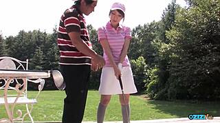 Golf bitch drops to knees sucking two throbbing cocks hard