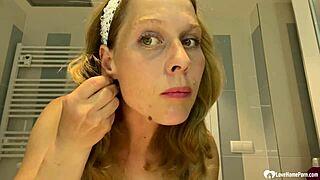 Mature brunette milf next door strips teases huge fake tits