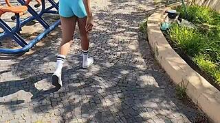 squatting in public leads to tight ass and pussy pounding