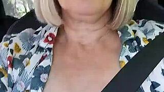 naughty housewife flashes bare tits selfie style from car thrill