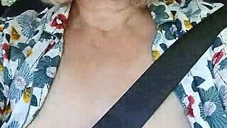 naughty housewife flashes bare tits selfie style from car thrill