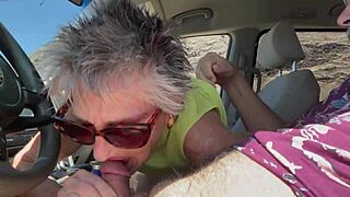 Mature wife blows husband in car before hairy beach photoshoot adventure