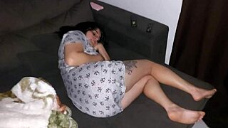 Guy convinces busty brunette milf to share bed for bareback blowjob foreplay