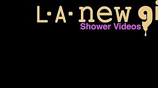 shy brunette with big hair steps into steamy shower solo