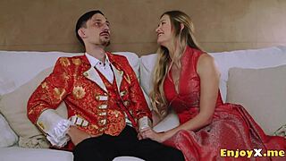 Dissolute platinum blonde worships stiff cock with bald pussy