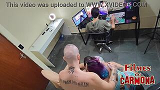 Hidden Camera Catches Friends Bareback Fucking on Gaming Desk Office