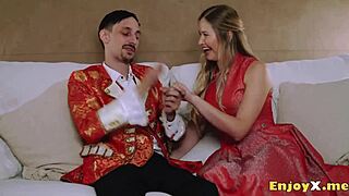 Dissolute platinum blonde worships stiff cock with bald pussy