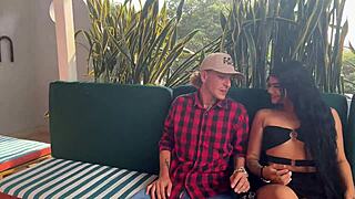 Horny couple joins me for wet pussy threesome riding and squirting with Molly Smith