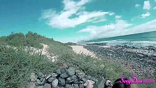 sexydeas tanned babe bent over beach pov doggystyle with big cock closeup