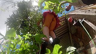 Latina Wife in Skirt Shows Off Upskirt Ass While Pruning Tree on Hidden Cam