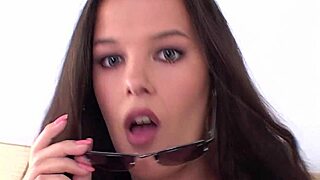 Melody Magic in stockings heels sucks shaved pussy cock on bed