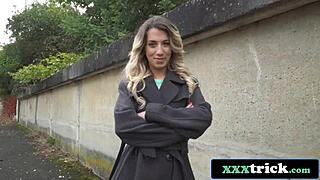 Blonde french babe FUCKS monster cock for cash in public streets