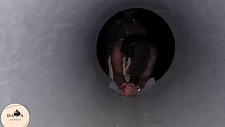 Wife fucks lover amid public works creampie fill