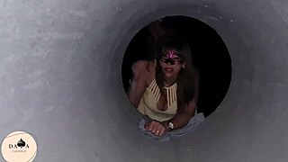 Wife fucks lover amid public works creampie fill