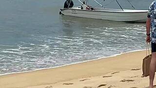 threesome on beach he slides bikini aside and thrusts deep into her wet pussy publicly